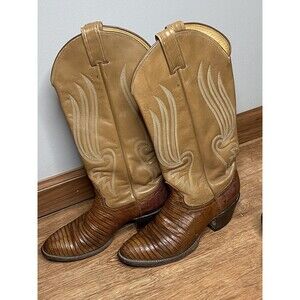 VTG Tony Lama WMS Sz 5.5 B Tan Lizard Black Label Western Cowgirl Boots RARE